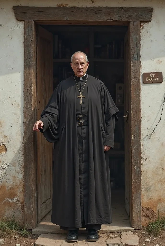 A church man in his, dress knocks on the door of a somewhat humble common house with a dark brown wooden door and white walls 