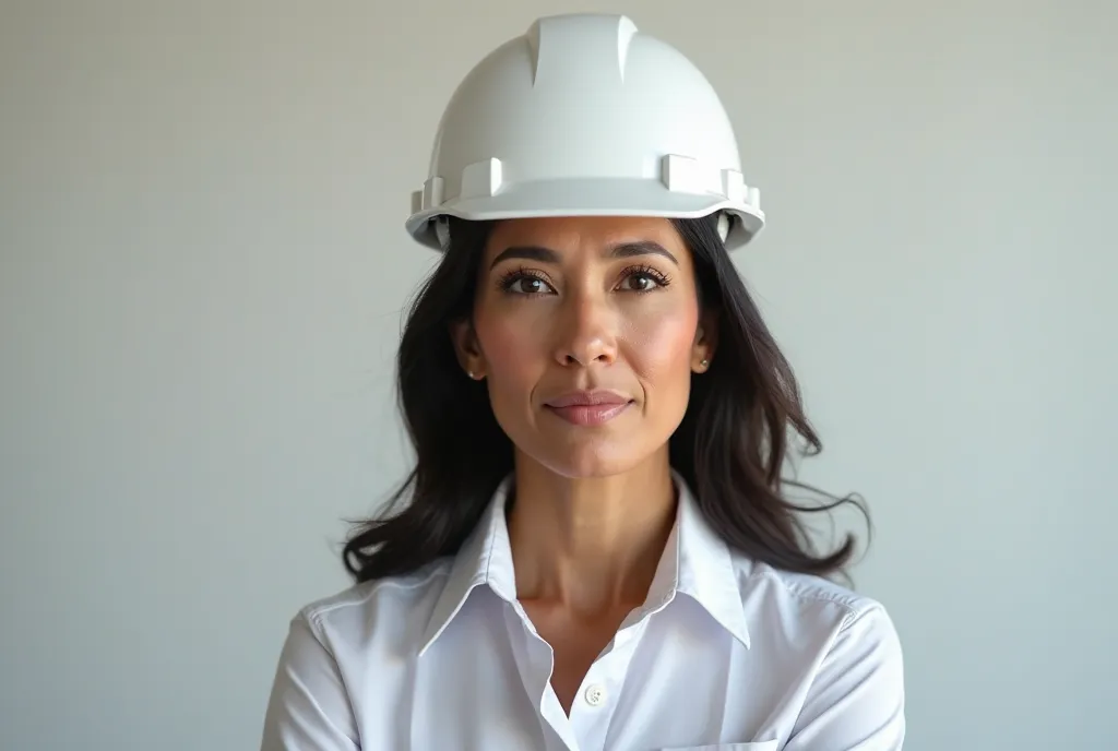 ((RAW photos), (absurd resolution)), best quality, 8k extremely detailed), (image 100% realistic), Latin American civil engineer wearing white helmet commemorating women's day