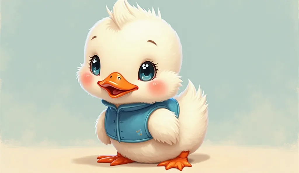 [Pingo], [cute duck puppy], [large blue eyes], [soft white feathers], [uses a blue vest], [short wings], [compact and plump body], [orange paws and nozzles]. A whimsical detailed 2D digital illustration, charming and perfect for ren's books.