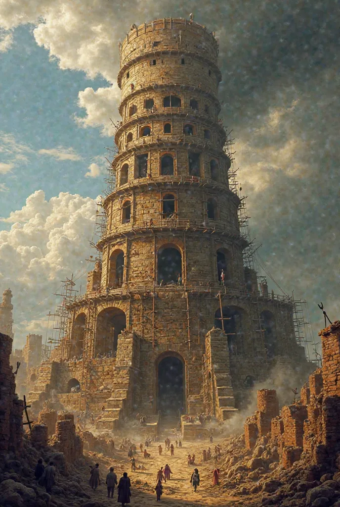 "An ancient and chaotic scene of the Tower of Babel, a gigantic brick structure that rises to the sky, with wooden scaffolding and workers from different nations working. in the sky, dark clouds swirl as confusion begins to emerge among the builders, refle...