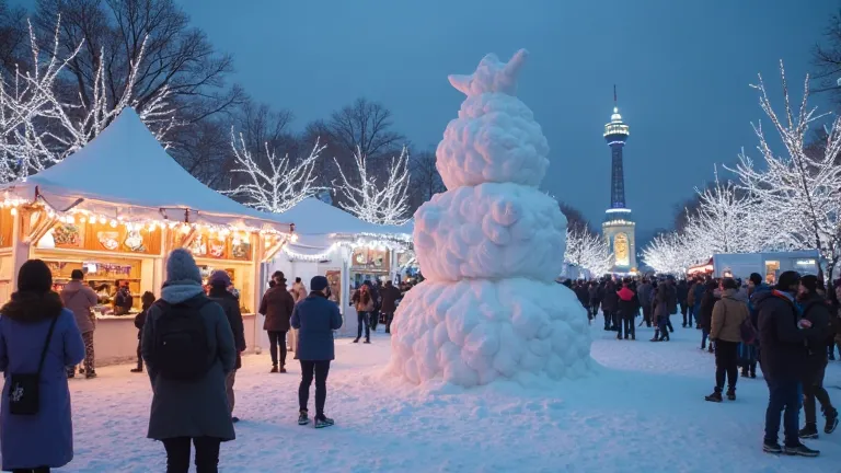 Top Quality、 8k resolution、real、face、people at the Sapporo Snow Festival々、 Snow Scenery 、 Snowman、snow statue、stall、illumination、Winter landscape、 Snowflakes、Frozen Lake、 bright colors、Cold vibe 、Photographer、camera、smartphone、Record