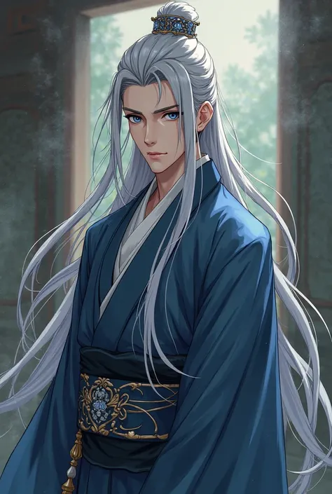 anime: elegant image of a 25-year-old ,  Handsome man in antique Japanese clothing style ,  Beautiful Yinyang Prince , anime chico guapo,tall and serious  ,blue eyes, long gray hair 