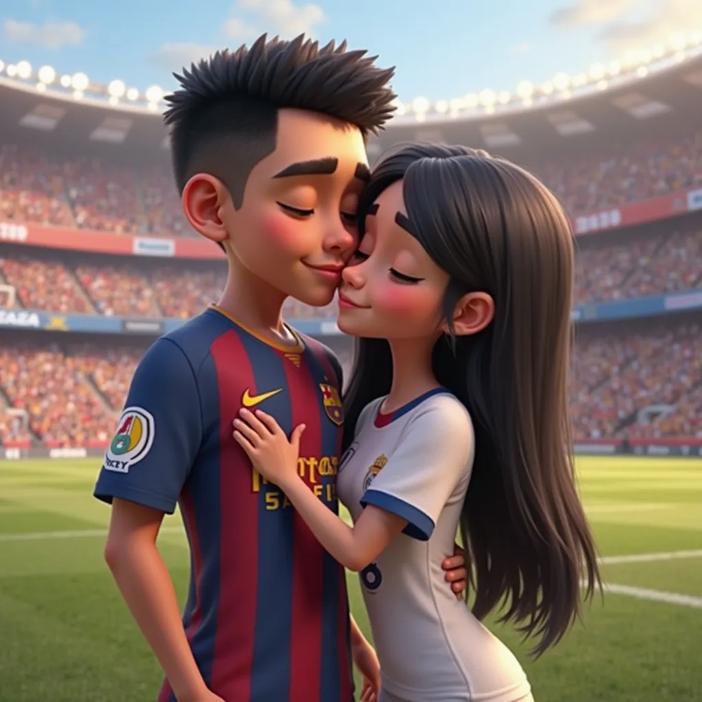 Creates a Pixar cartoon-style image of a couple hugging each other behind, the boy with normal skin  normal build  black hair gradient cut,wearing the FC Barcelona jersey and the number 25.
The girl with normal skin,  normal build ,  long straight black ha...