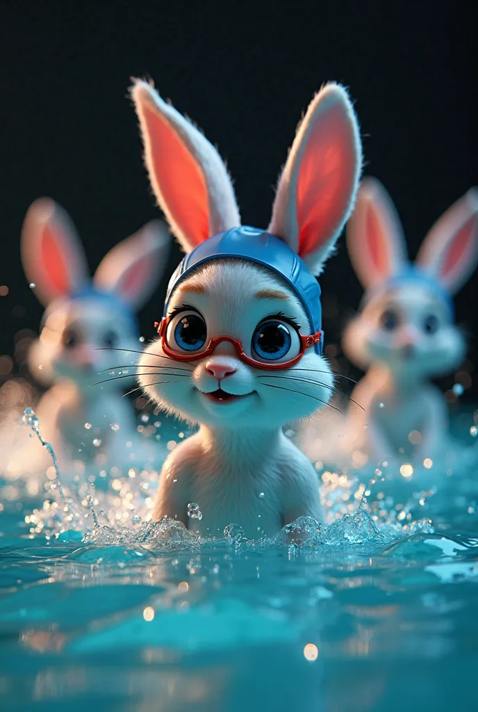 The image shows three rabbits aged as ren, anthropomorphic, Warner Brother, show swimmer, one red, one blue and one black., in a variety of dynamic swimming poses . The rabbit is designed with well-defined muscles, highlighting its athletic ability. Its fu...