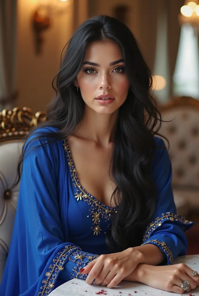 A beautiful young Russian woman long black hair slightly smiling big breast wearing a royal blue kurti pajama with dupatta on her shoulder and white sandle sitting on dinning table in luxury apartments 