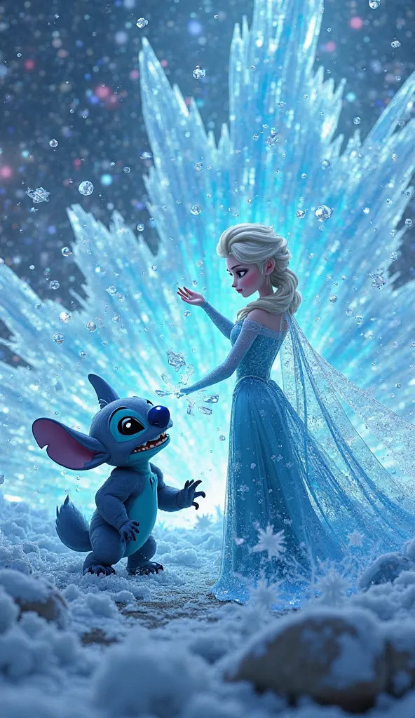 “Elsa and Stitch in the middle of an explosion of freezing magic. Elsa is trying to control her magic, with ice crystals floating around her as strong icy winds blow violently. Stitch, standing next to her, looks terrified as the ice spreads uncontrollably...