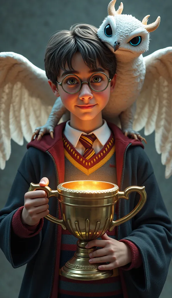 Adult Harry Potter in the image from the movie about his adventures. He wears a Gryffindor school uniform, on his shoulder he has a white owl, and in his hand he holds the Gryffindor Cup, the light of which illuminates his movements. On his shoulder sits a...