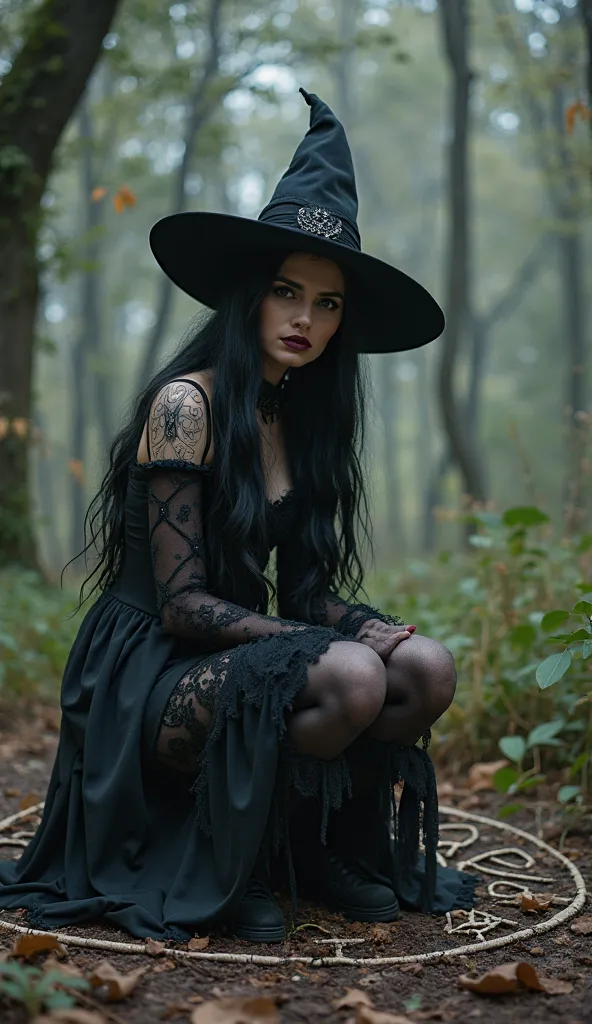 a stylish emo pale witch gothic woman crouched  in enchanted  forest around hex circle magic, wisps, black velvets, lace, fishnets and leather tinged with scarlet or purple, accessorized with tightly laced corsets, gloves, precarious stilettos and silver j...