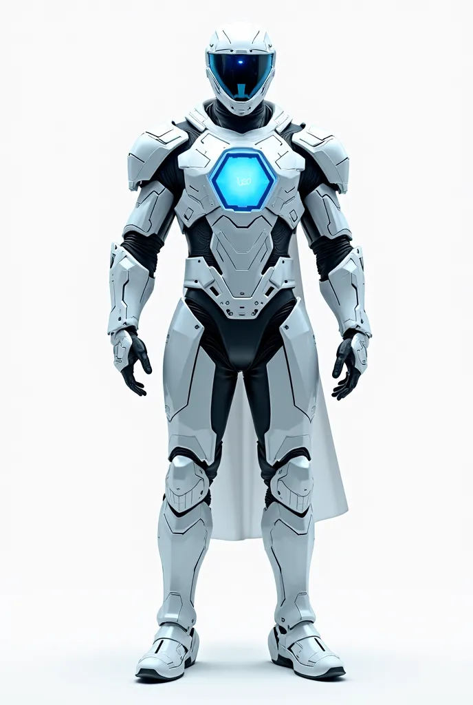 Sci fi knight in white and blue armor, with hexagonal blue screen on chest area, full body image, white boots on feet, isolated on white background