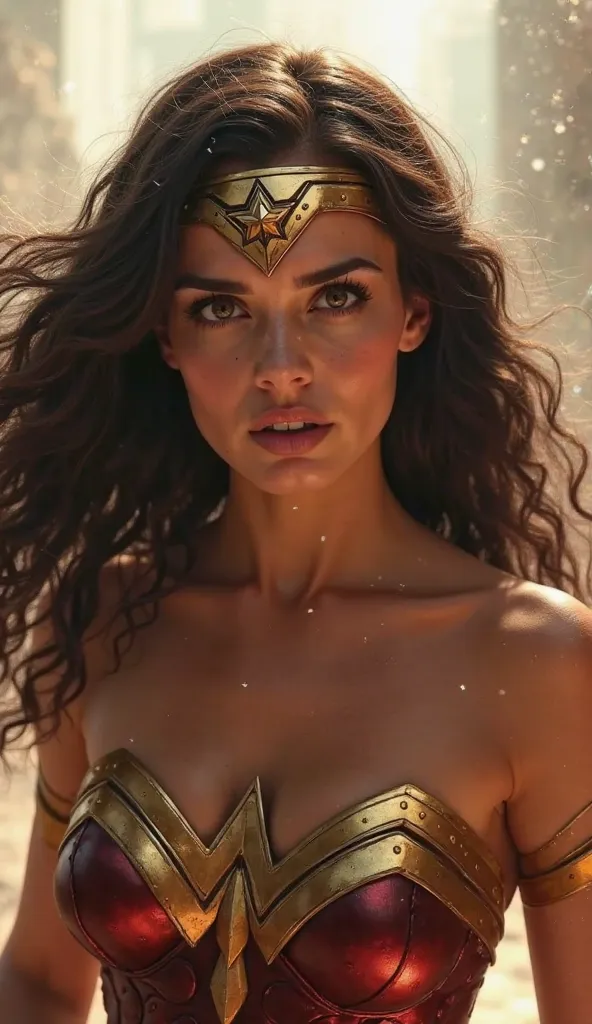 Prompt: " Wonder Woman , with her iconic superhero costume and golden tiara, is looking directly at the camera with an expression of total surprise and admiration.  His eyes are wide , and her slightly open mouth conveys a mix of enchantment and disbelief....