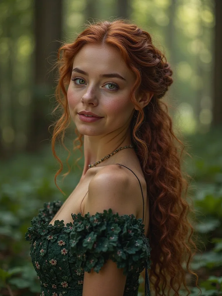 a danielle rose russell, hyper realistic, detailed facial features, warm expression, waist-up portrait, standing in a lush forest clearing, Targaryendetailed portrait of danielle rose russell, hyper realistic, intricate facial features, warm friendly expre...