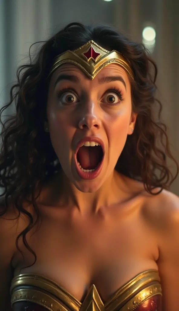 Prompt: " Wonder Woman , with her iconic superhero costume and golden tiara, is looking directly at the camera with an overly surprised expression. Her mouth is wide open in a scream or exclamation, and her eyes are extremely wide, conveying a sense of sho...