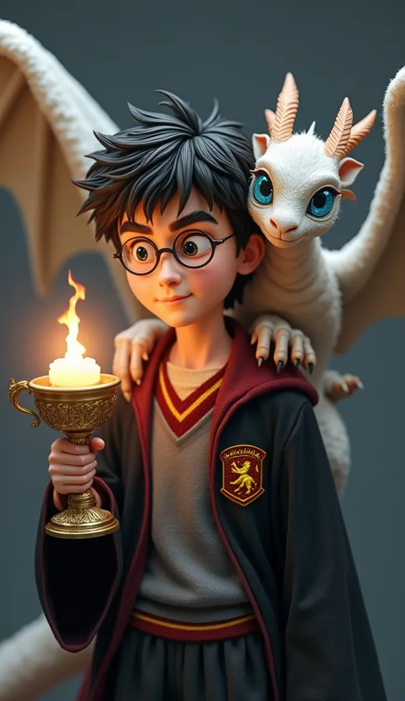 Adult Harry Potter in the image from the movie about his adventures. He wears a Gryffindor school uniform and holds the Gryffindor Cup in his hand, the light of which illuminates his movements. On his shoulder sits a magical white winged dragon, covered in...