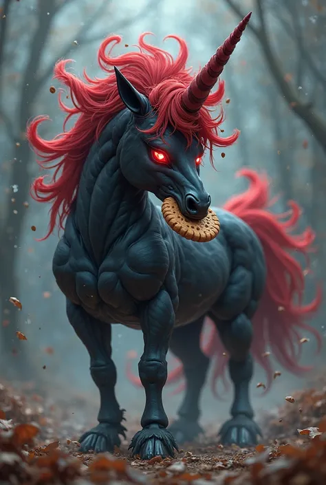 Create a picture of a black unicorn with red glowing eyes and red fire horns with a cookie in its mouth but it should also look cute and it should be masculine 