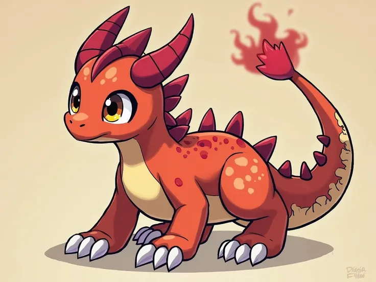 digimon; level: Rookie; type: vaccine; Attribute: Fire; appearance: digimon cuadrúpedo con la apariencia de un dragón joven,  red scales ,  amber eyes , 4 red horns on the head, a tail, white claws, 6 white stripes (3 on the back and 3 on the tail)