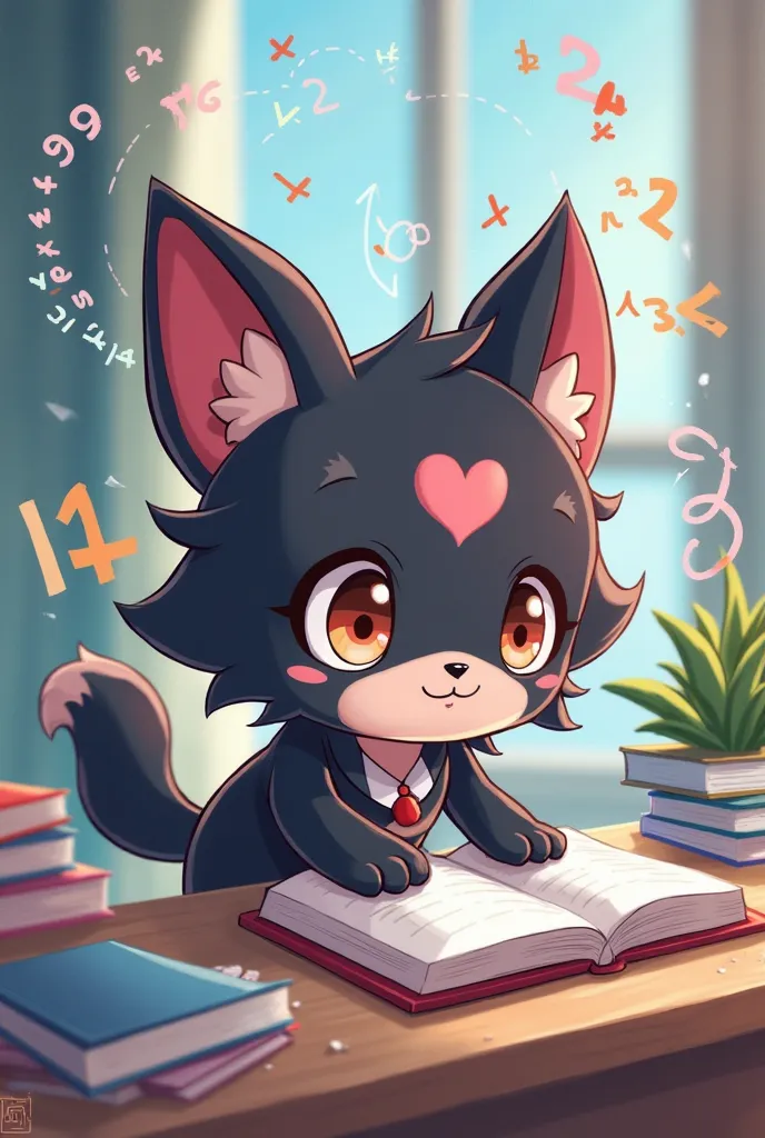 Kuromi cartoon with numbers and mathematical signs studying