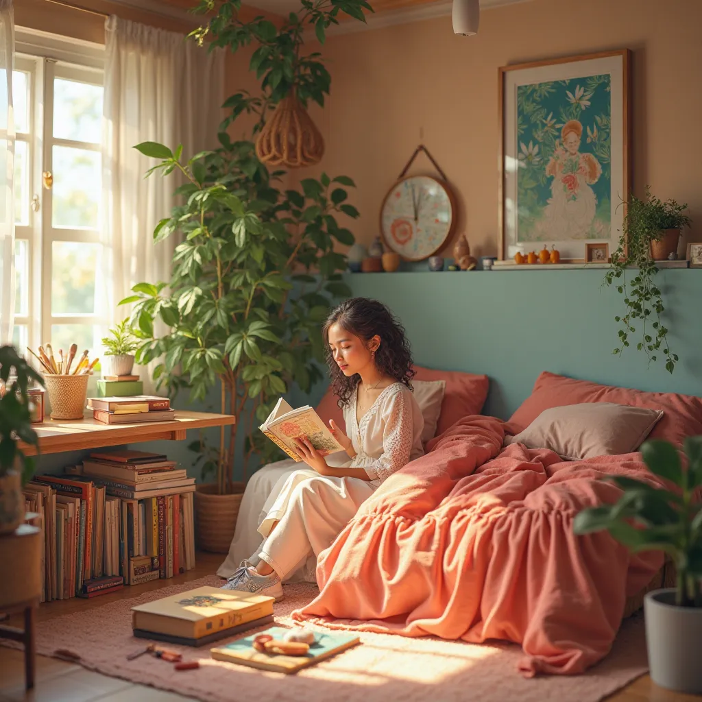 Create a small red and green bedroom vibe with natural lighting and cool girly styling, put a corner with books and vinyls plus other things like makeup