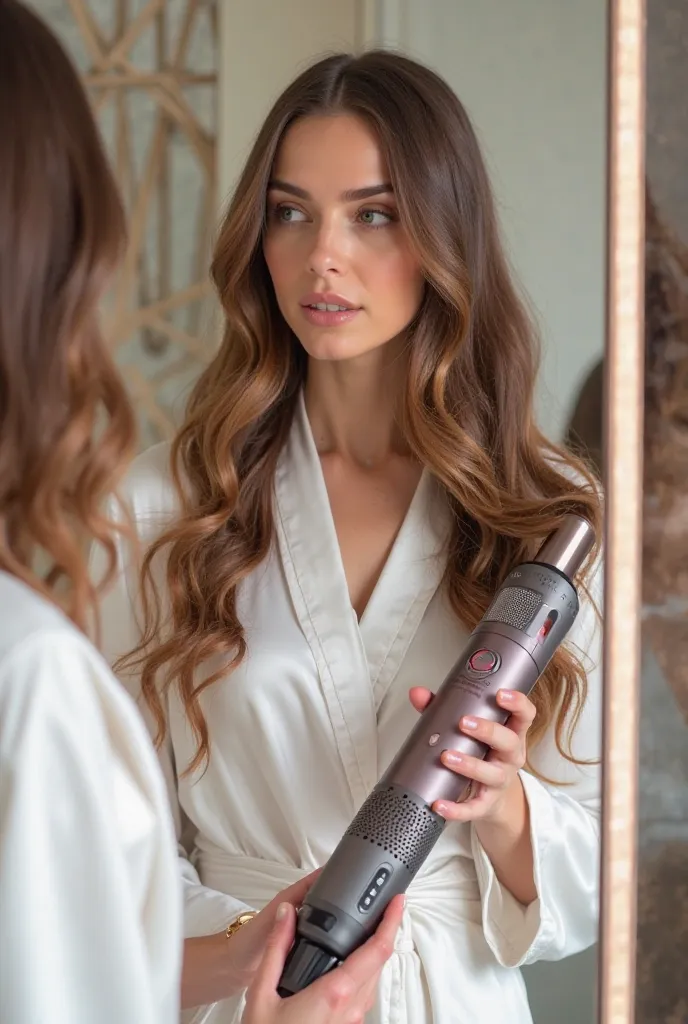 Young and elegant woman,  ABOUT 25 YEARS OLD , fair skin and long, wavy light brown hair. She is standing in front of a large mirror, wearing a white silk robe. In hand, she holds a Dyson brand hair dryer, that has a futuristic and exclusive design. The dr...