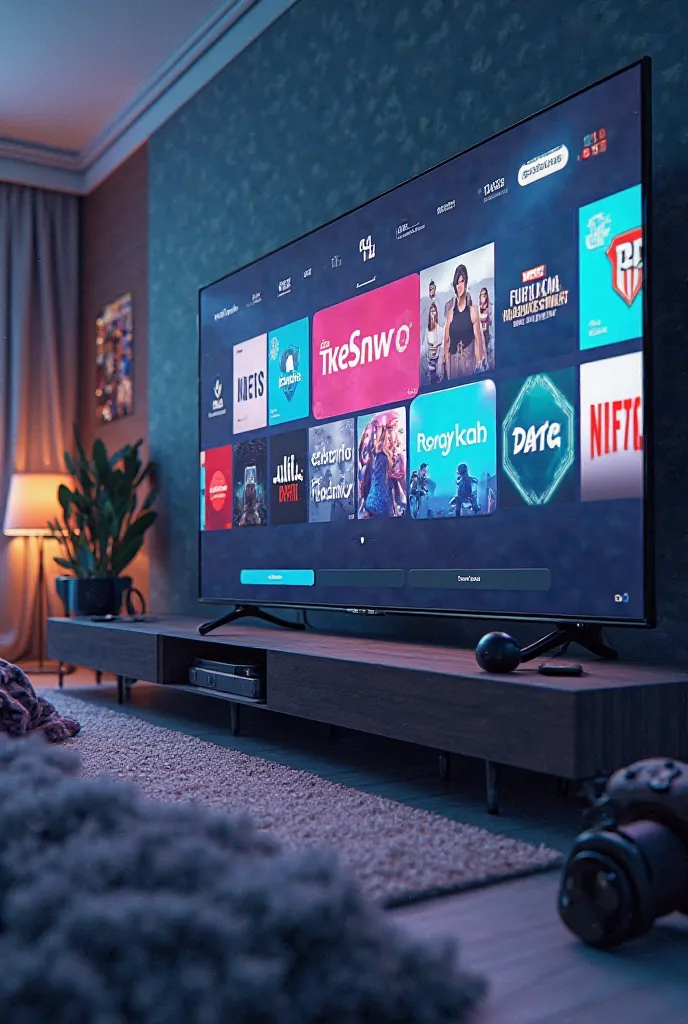 A modern image that combines streaming elements ( such as a TV playing different streaming sites  ) y gaming ( like a controller or console ) 