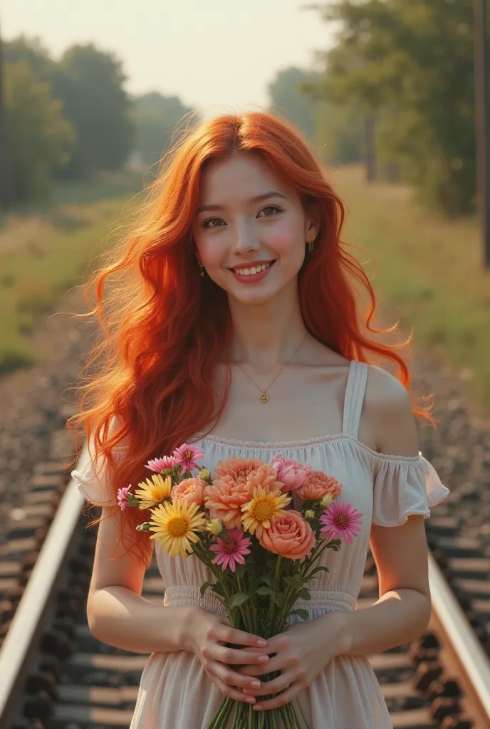 Smiled Red hair woman with flowers in hand on railway tracks