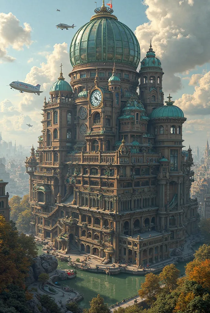 Steampunk administration building. Building has 30 floors and occupies a huge area, because it is wide. A giant round window on the top floor. A greenhouse should be located just below. There should be an airport for airships. The city around is in steampu...