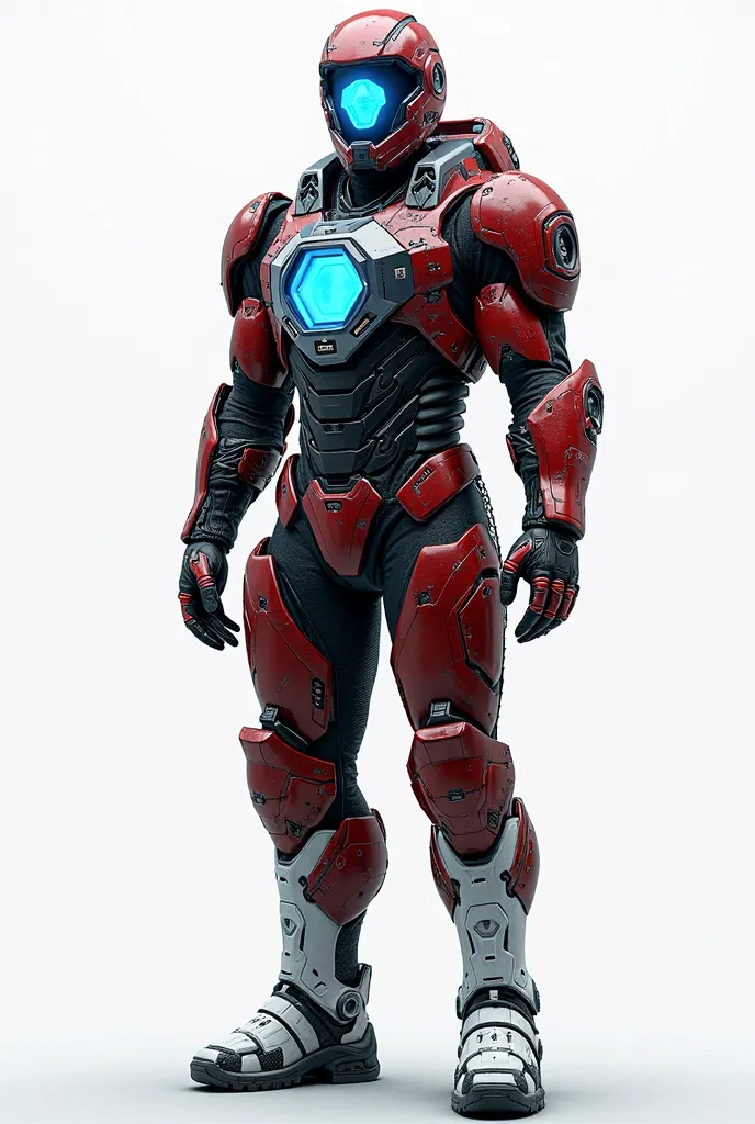 Sci fi knight in dark red and blue armor scratched dented and damaged armour, with big hexagonal blue screen on chest area, full body image, white boots on feet, isolated on white background