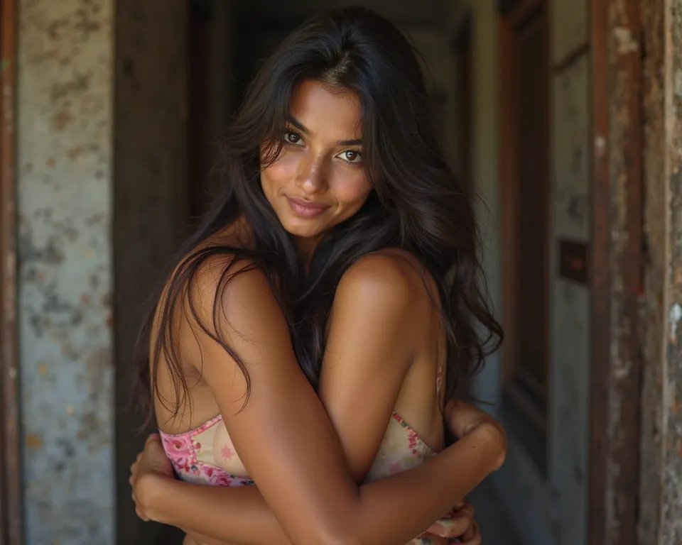 hugged by a 50 year old man),
beautiful cute young attractive indian age girl, village girl, 25 years old, 
cute, Instagram model, long black_hair, colorful hair, indian, small shapely round breasts, 
smooth face very realistic,sexy lingerie, full length,e...