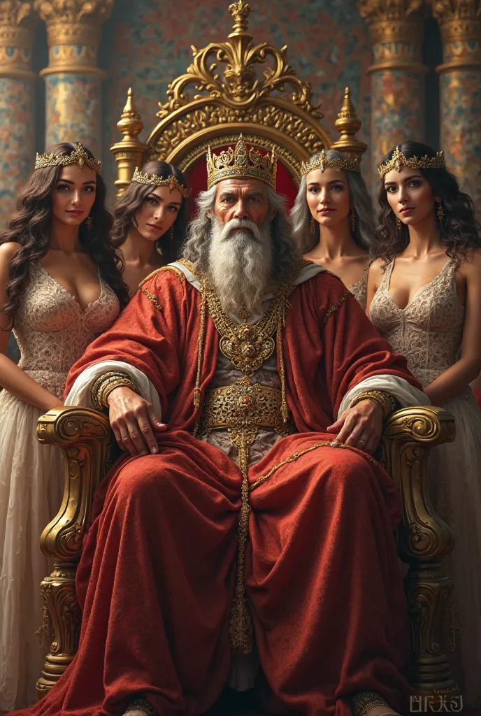 generate realistic close-up image of a king sitting on a throne as if representing King Solomon surrounded by several women