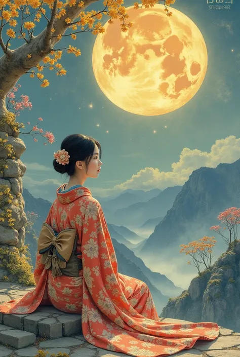 visual, created in the style of traditional Japanese art, offers a mystical and peaceful atmosphere. In the foreground, has a yellowish full moon attached.  woman, presents an artistic and warm scene with yellow and pink flowers; kimono on her back is red,...