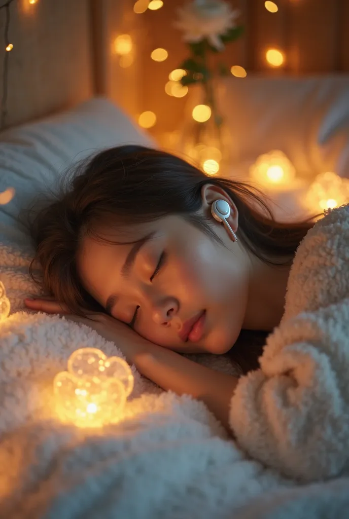 "A young woman with soft, delicate features sleeps peacefully on a glowing, cloud-like bed. She wears wireless earbuds, enjoying calming music. The dreamy and magical atmosphere is enhanced by warm golden fairy lights floating gently in the air. Small glow...