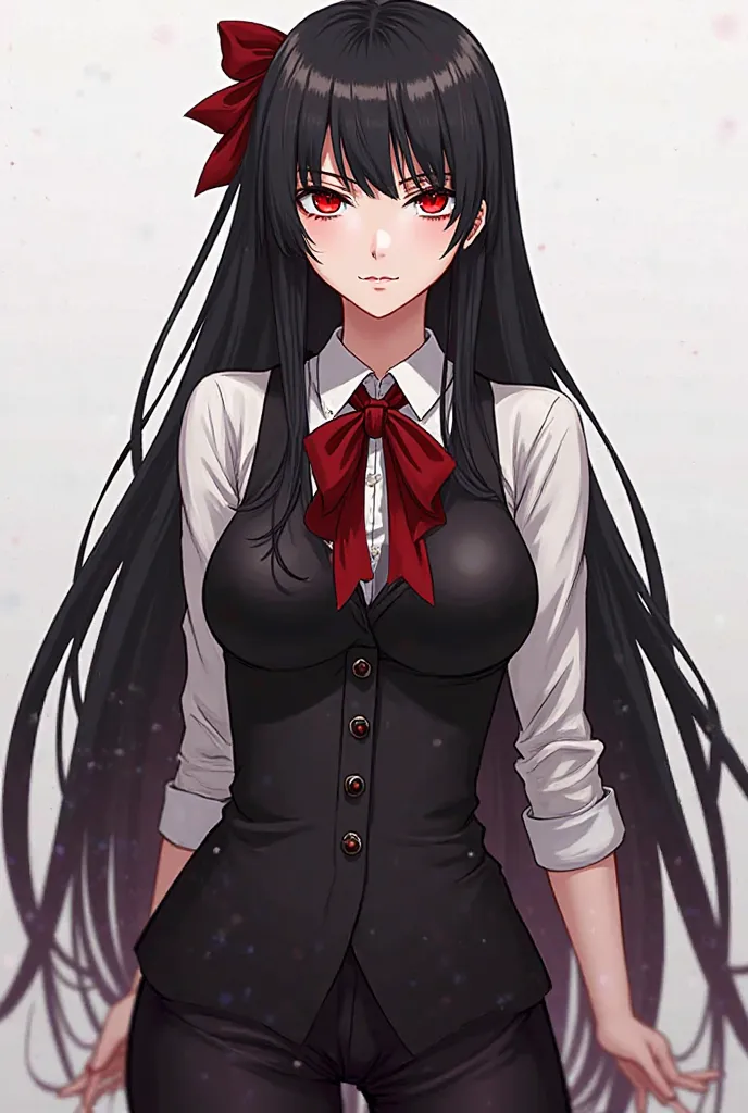 Create a female Bleach character with a youthful appearance. A dark red-eyed Shinigami, Straight hair, long and deep black, bow with fringe,  slightly pink ,  expressionless face .  outfit Make it full body. 1,70 of height, thin, hourglass body, abdomen, d...