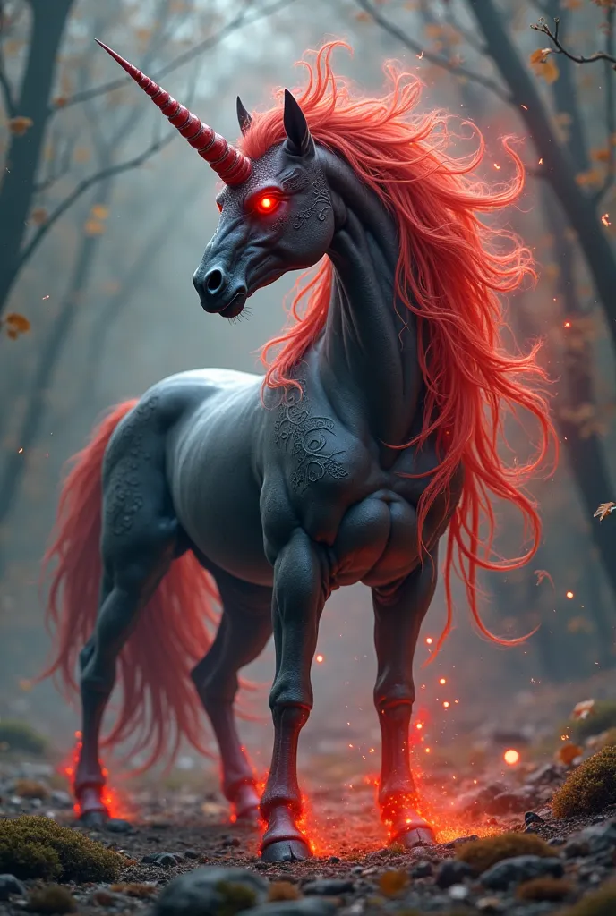 Make me a mixture of demon and unicorn this should be anthracite gray and have red horns as well as red mane and glowing red eyes 