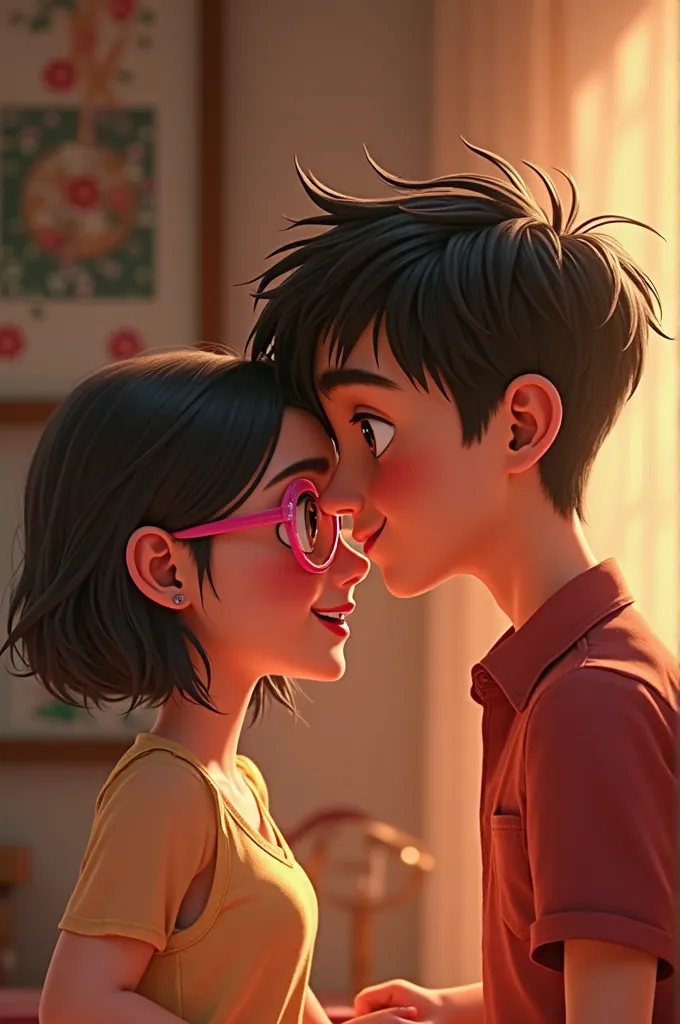 Pixar young man with short black hair gives a girl a kiss on the forehead 
The girl has pink glasses and red lips