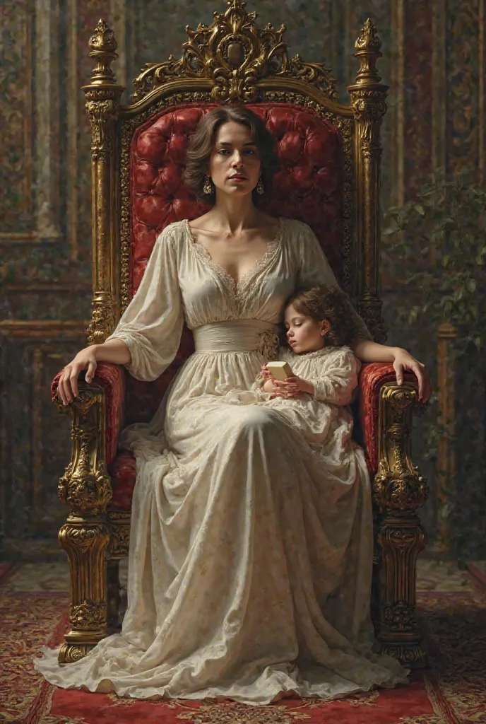  A woman is sitting on a royal chair and next to the chair is a sleeping girl carrying soap 