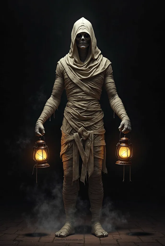 I want a mummy with small lanterns in her hands and a black background