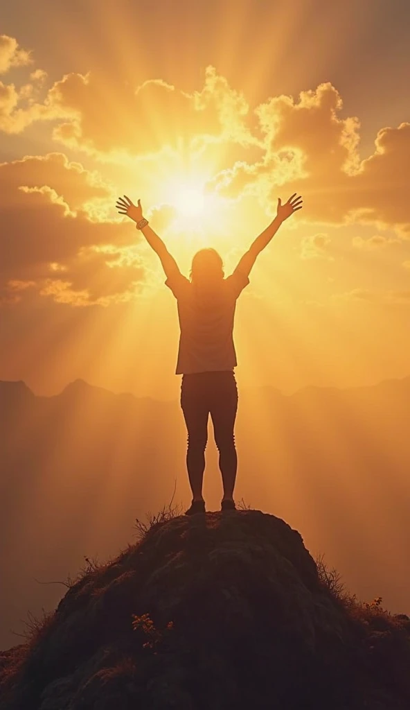 "A person with arms raised at dawn, standing on a mountain, with a golden sky in the background, conveying a sense of victory and faith. Sun rays cross the clouds, symbolizing the presence of God and the renewal of hope."

