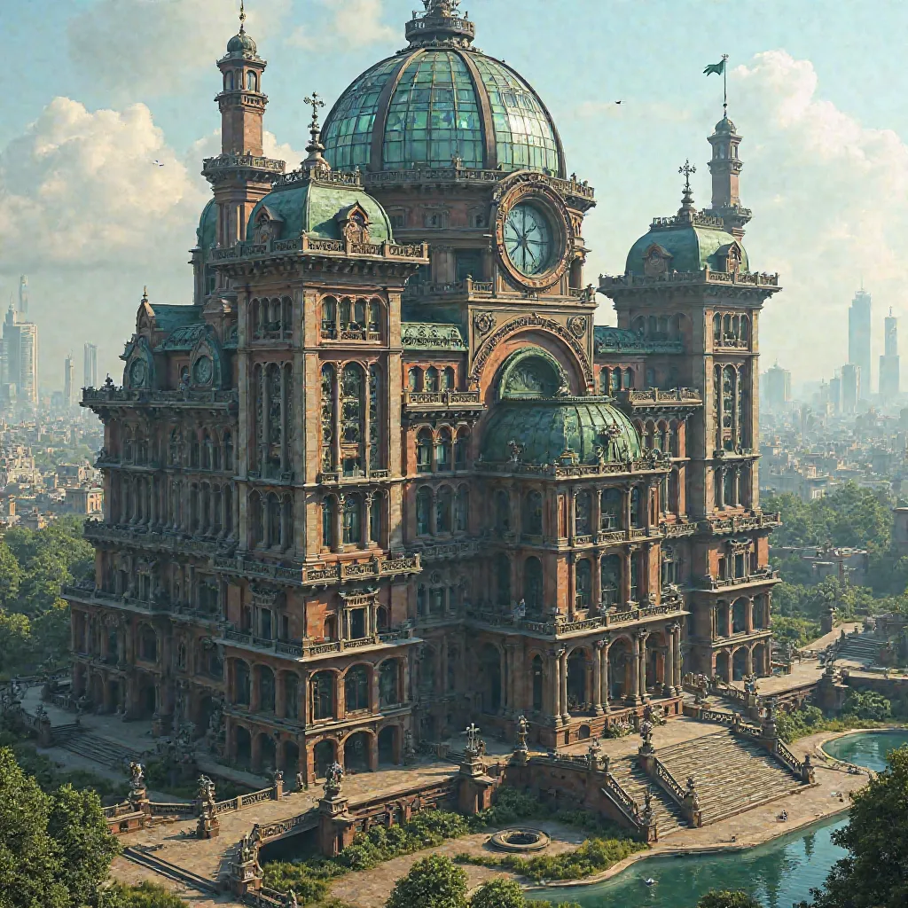 Steampunk administration building. Building has 30 floors and occupies a huge area, because it is wide. A giant round window on the top floor. A greenhouse should be located just below. There should be an airport for airships. The city around is in steampu...