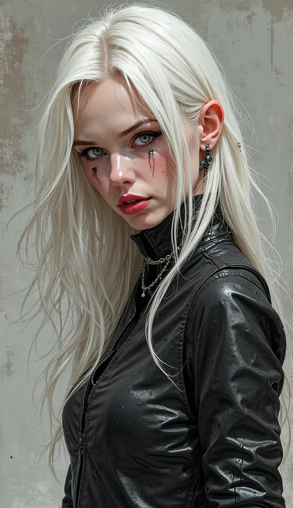 A highly detailed comic book illustration of an extremely thin very tall fashion model build extremely beautiful young woman with albino pale skin and white hair portrayed by a young Bryce Dallas Howard with a bold and edgy punk/metal aesthetic in an art s...