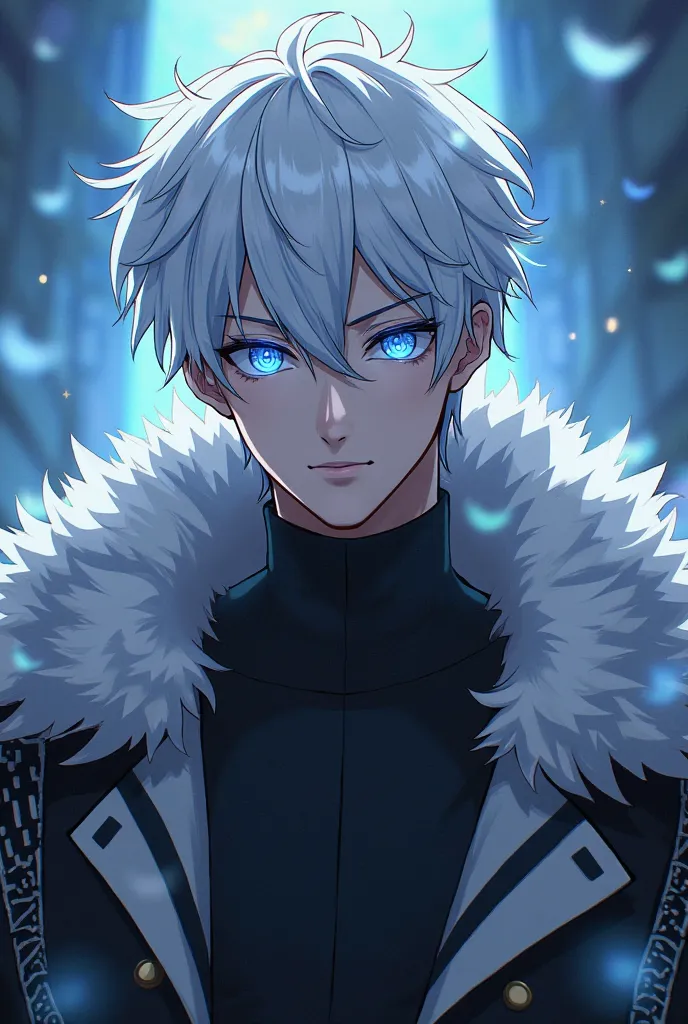 anime style, white hair, blue eyes, stylish, man,  fur coat , powerful, The Power of the Six Eyes by Satoru Gojo, Young, short hair