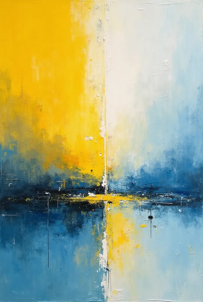 Abstract piece with yellow colors, blue and white, that transmits tranquility and some chaos