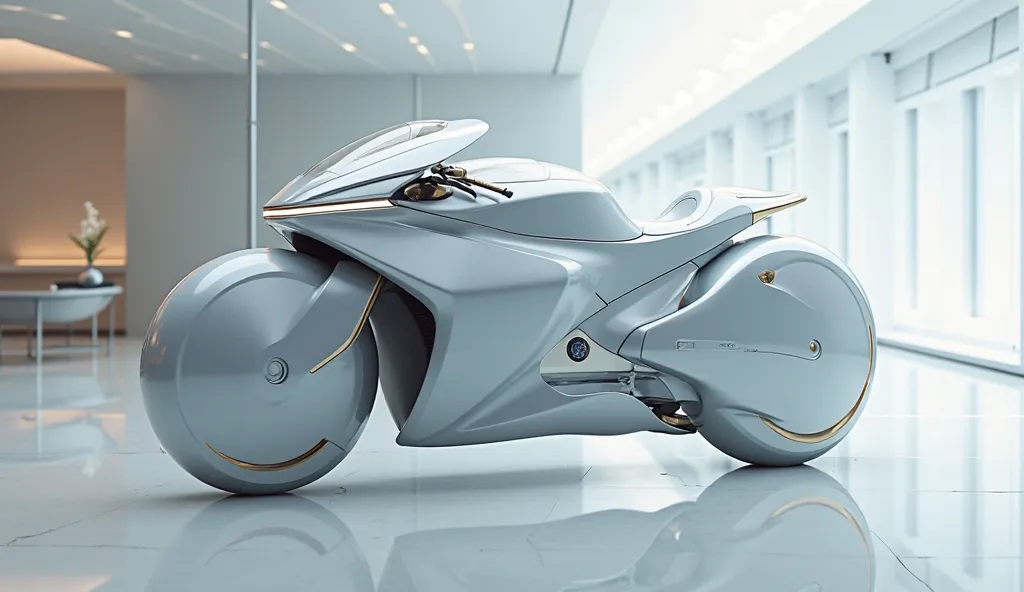 3d Render the realistic image of (  2025 BMW C400 GT  ) with modification, good looking, bright white color"     " packed inside a Showroom, reflecting floor bike