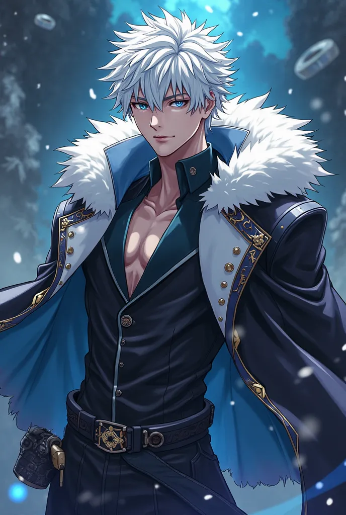 anime style, white hair, blue eyes, stylish, man,  fur coat , powerful, The Power of the Six Eyes by Satoru Gojo, Young, short hair, Clothes are a bit tight and you can see some of the muscles