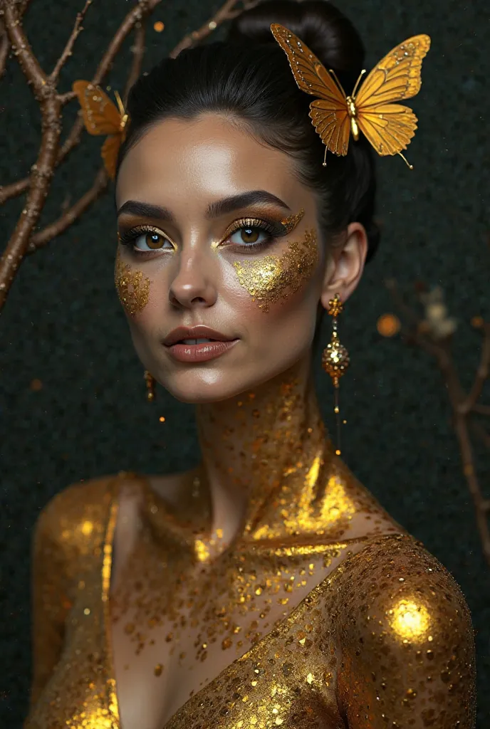 Portrait of a mysterious woman with golden skin, } decorated with a shiny metallic coating. Her face is refined and expressive,  with clear features , with full lips and almond-shaped eyes. Dramatic makeup: dark arrows with sparkles and a shimmering effect...