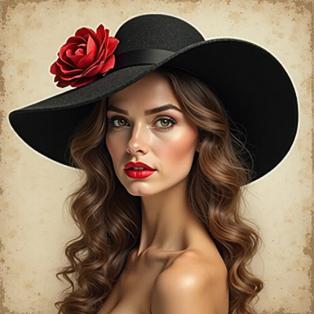 The image is a portrait of a young woman with long, wavy hair. She is wearing a large, wide-brimmed hat with a large flower on the side. The hat is black and has a wide brim. The woman is looking directly at the camera with a serious expression on her face...