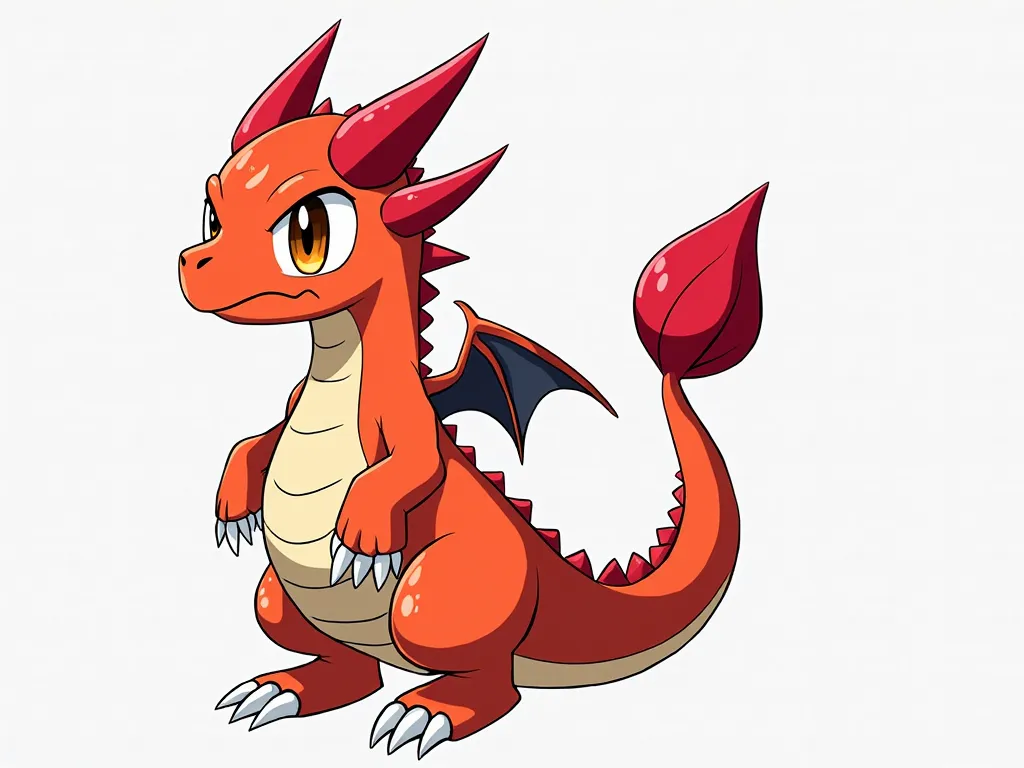 digimon; level: Rookie; type: vaccine; Attribute: Fire; appearance: digimon cuadrúpedo con la apariencia de un dragón joven, wingless,  red scales ,  amber eyes , 4 red horns on the head, a tail, white claws, 6 white stripes (3 on the back and 3 on the tai...