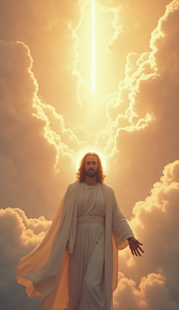 "A modern, photorealistic portrayal of Jesus in a brilliant heavenly landscape, with rolling clouds and powerful rays of sunlight piercing through. His white robe flows gently in the breeze, and a subtle halo glows around his head. The overall atmosphere c...