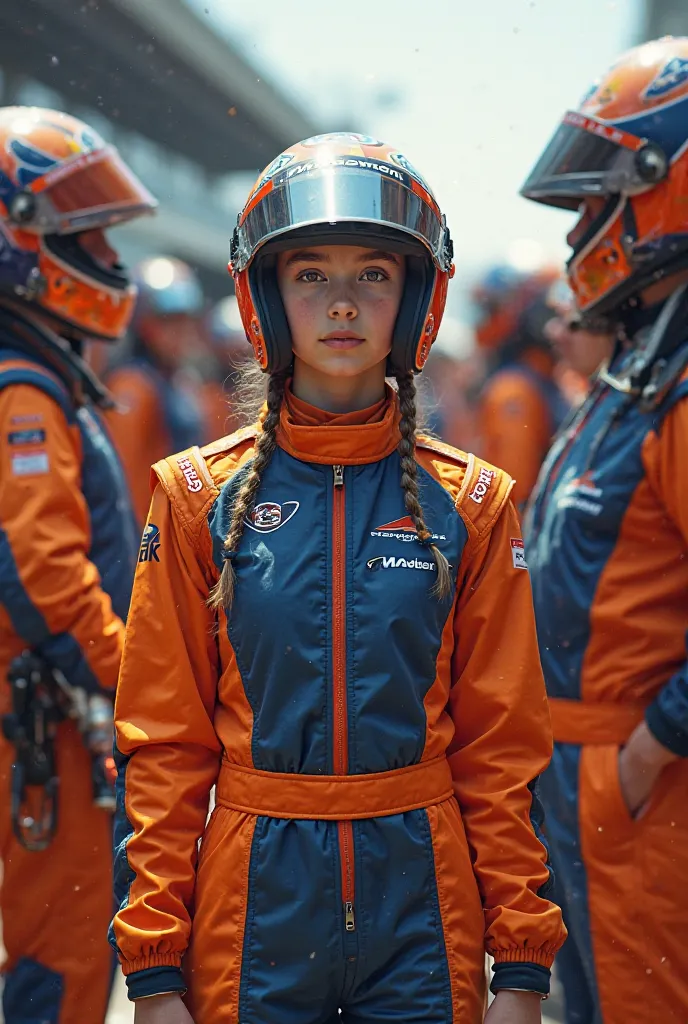 a girl in McLaren's uniform and her team together 