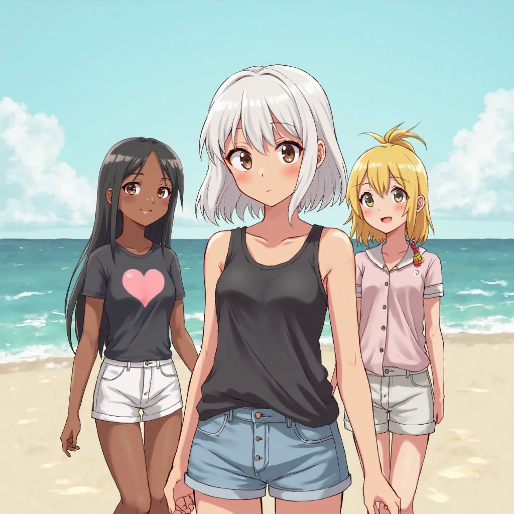 A white girl with a white hair, brown eyes, black shirt without sleeves and a shorts jeans on a beach with 3 girls, a mixed girl with a yellow hair, an black shirt without sleeves, but with a heart print and a shorts and another white girl with school unif...