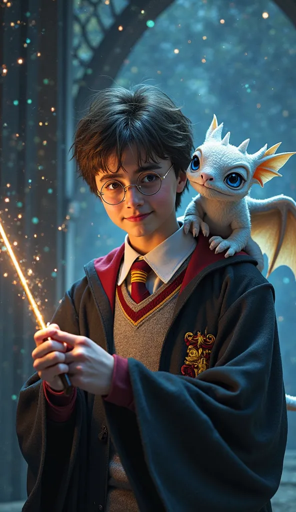 Harry Potter, is a young magician wearing recognizable lightning glasses, of Gryffindor's school robe and tie, stands in front of Hogwarts Gate, Holding a magic wand in his hands. Magical creatures fly around him, and the stars shine in the night sky. Harr...