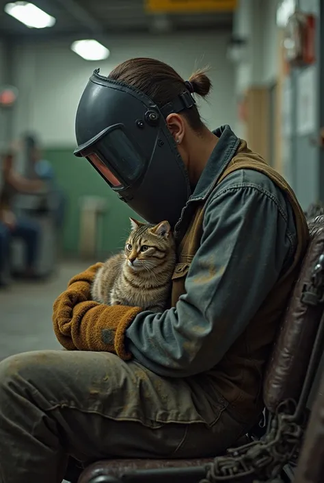 
"A half-body shot of a welder sitting down, waiting for their shift to begin. The welder is wearing a welding mask flipped up, obscuring part of their face. They are gently holding a cat in their lap. The setting is a waiting area. The style should be rea...